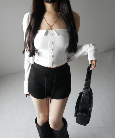 【 2点セット 】フロントボタンベアトップ + クロップドカットソーカーディガン SET / front button bare top + cropped cutsaw cardigan SET