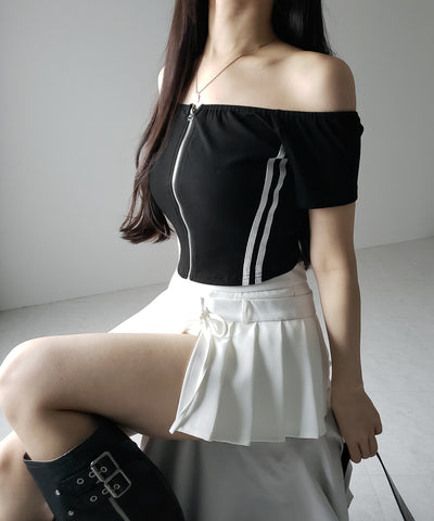 ジップアップオフショルサイドラインTシャツ / zipup off shoulder sideline T-shirt