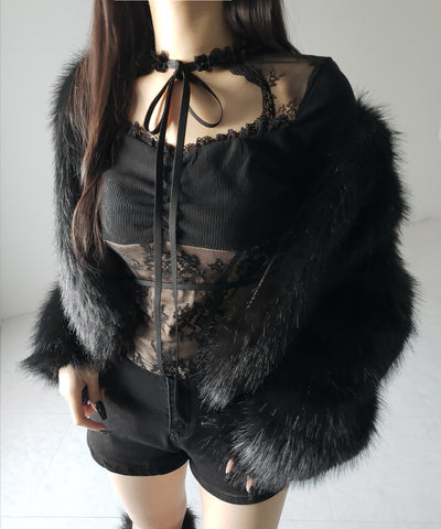 チョーカーネックリボンレーシーカットソートップス / choker neck ribbon lacy cutsaw tops