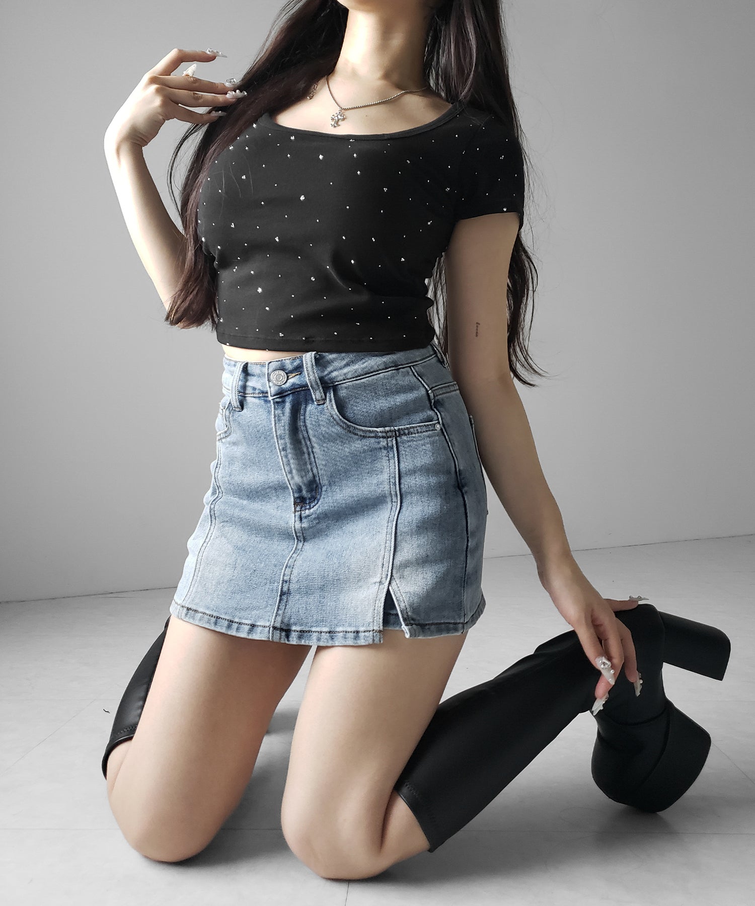 ミニスリットストレッチレイヤードデニムミニスカパン / mini slit stretch layered denim mini skirt pants