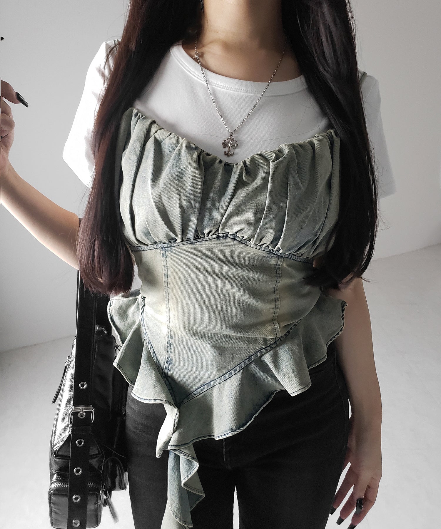 【 2点セット 】ヴィンテージデニムビスチェ & 半袖レイヤードTシャツセット / vintage denim bustier & short sleeve layered T-shirts set