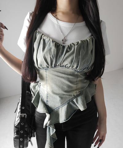 【 2点セット 】ヴィンテージデニムビスチェ & 半袖レイヤードTシャツセット / vintage denim bustier & short sleeve layered T-shirts set