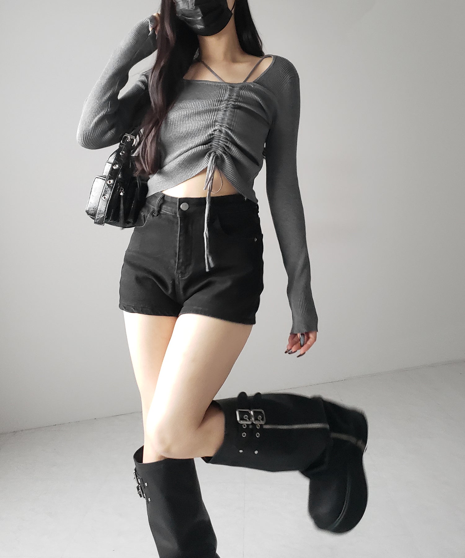 ダブルストラップシャーリングリボンリブニットトップス / double strap shirring ribbon ribbed knit tops