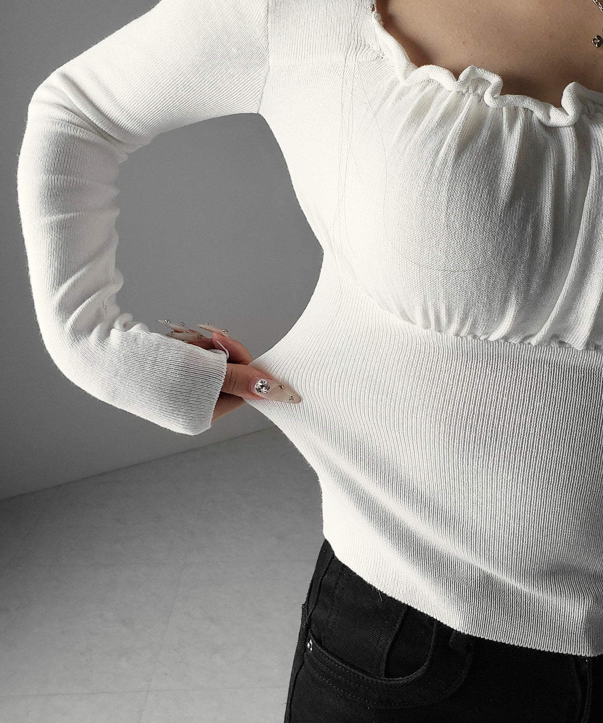 フリルギャザースクエアネック長袖ニットトップス / frill gather square neck longsleeve knit tops
