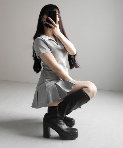 【 2点セット 】スキッパーネック半袖Tシャツ & プリーツミニスカート ワンホンセットアップ / skipper neck short sleeve T-shirt & pleated mini skirt wanghong setup