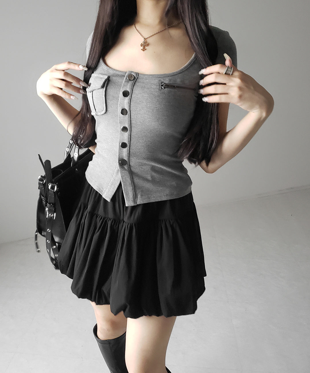 【 2color /インパン裏地付き 】ティアードコットンバルーンミニスカート / tiered cotton balloon mini skirt