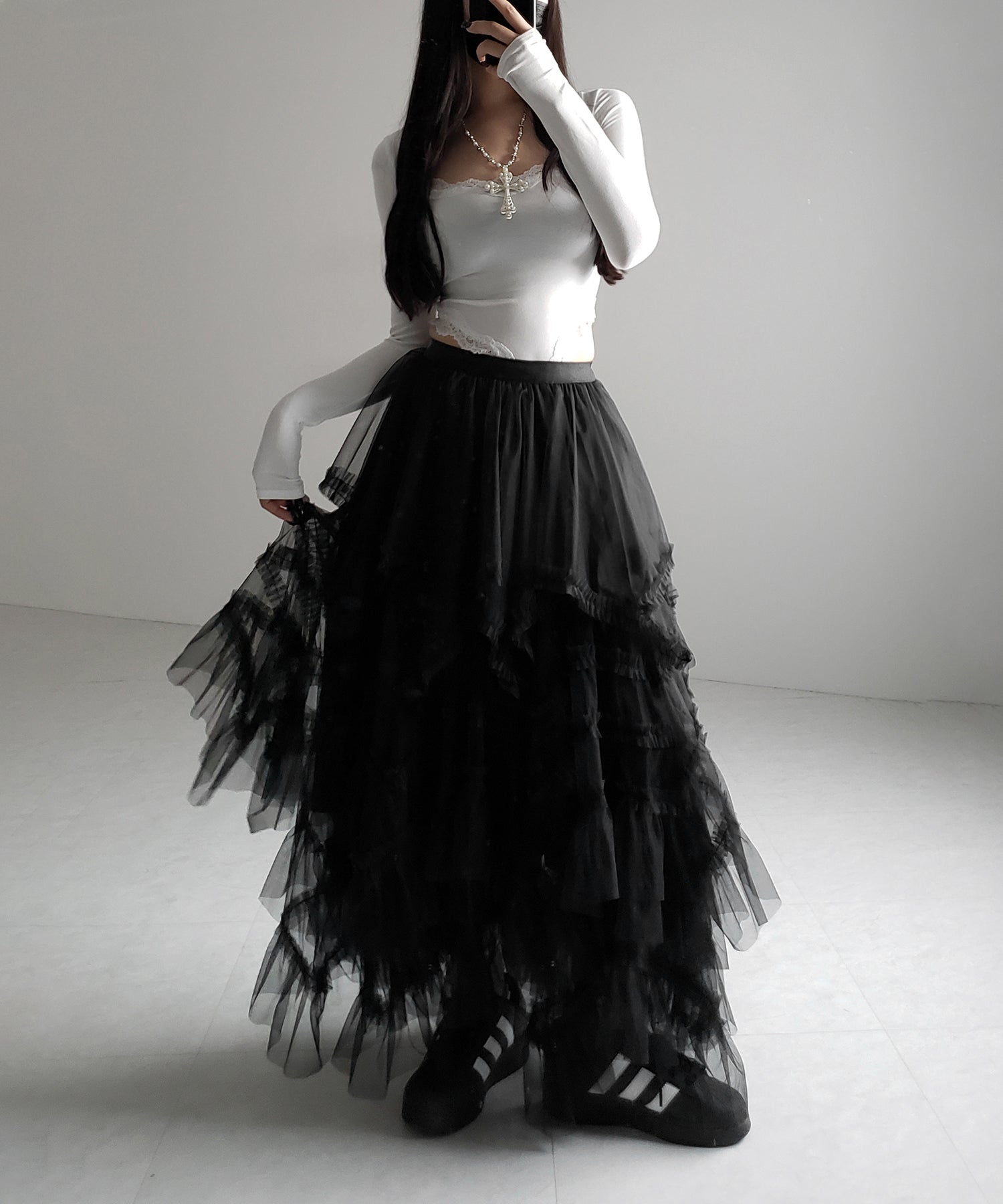 レイヤードボリュームフリルチュールスカート / layered volume frill tulle skirt