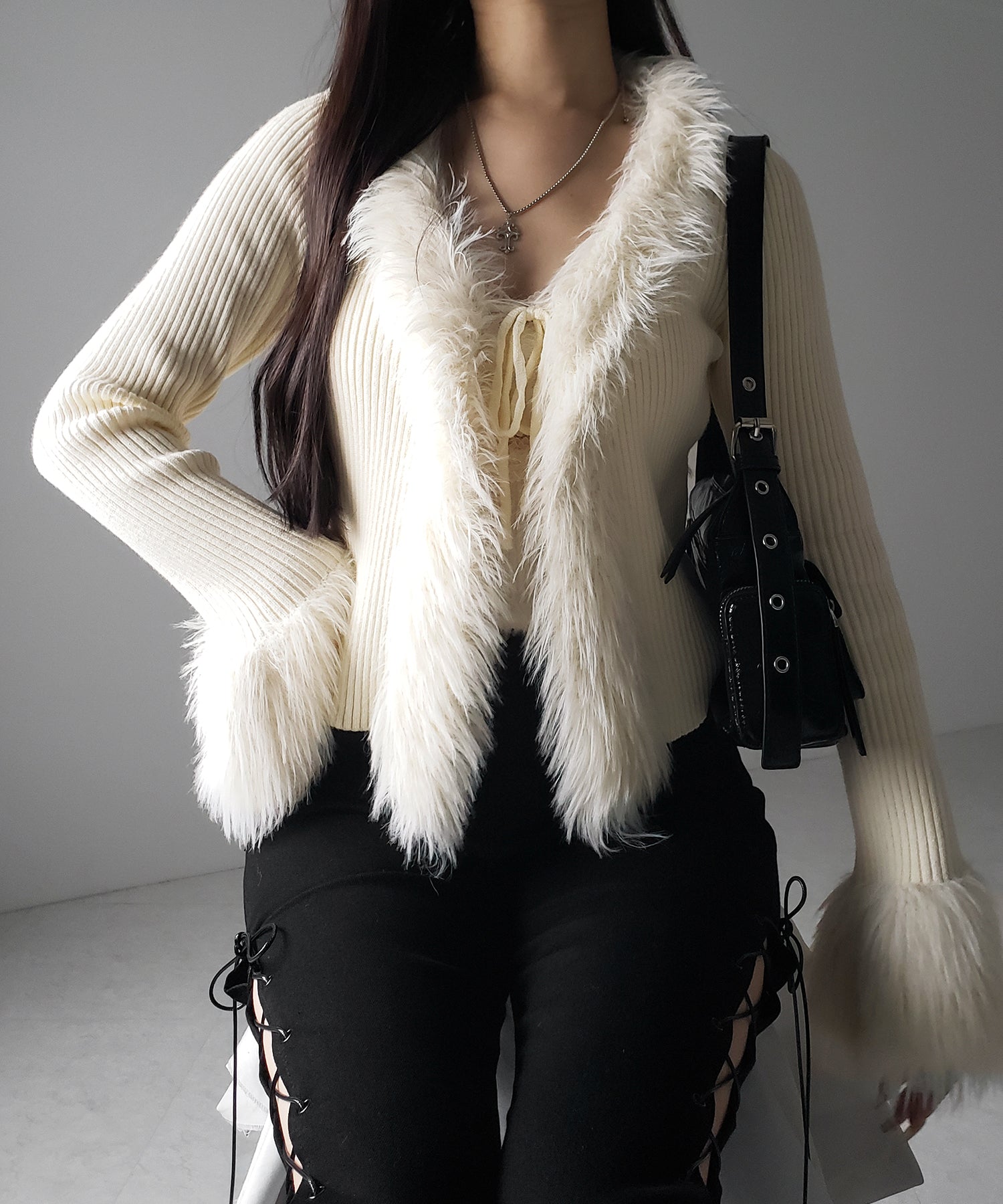 シャギーファードッキングリブニットカーディガン / shaggy fur docking rib knit cardigan