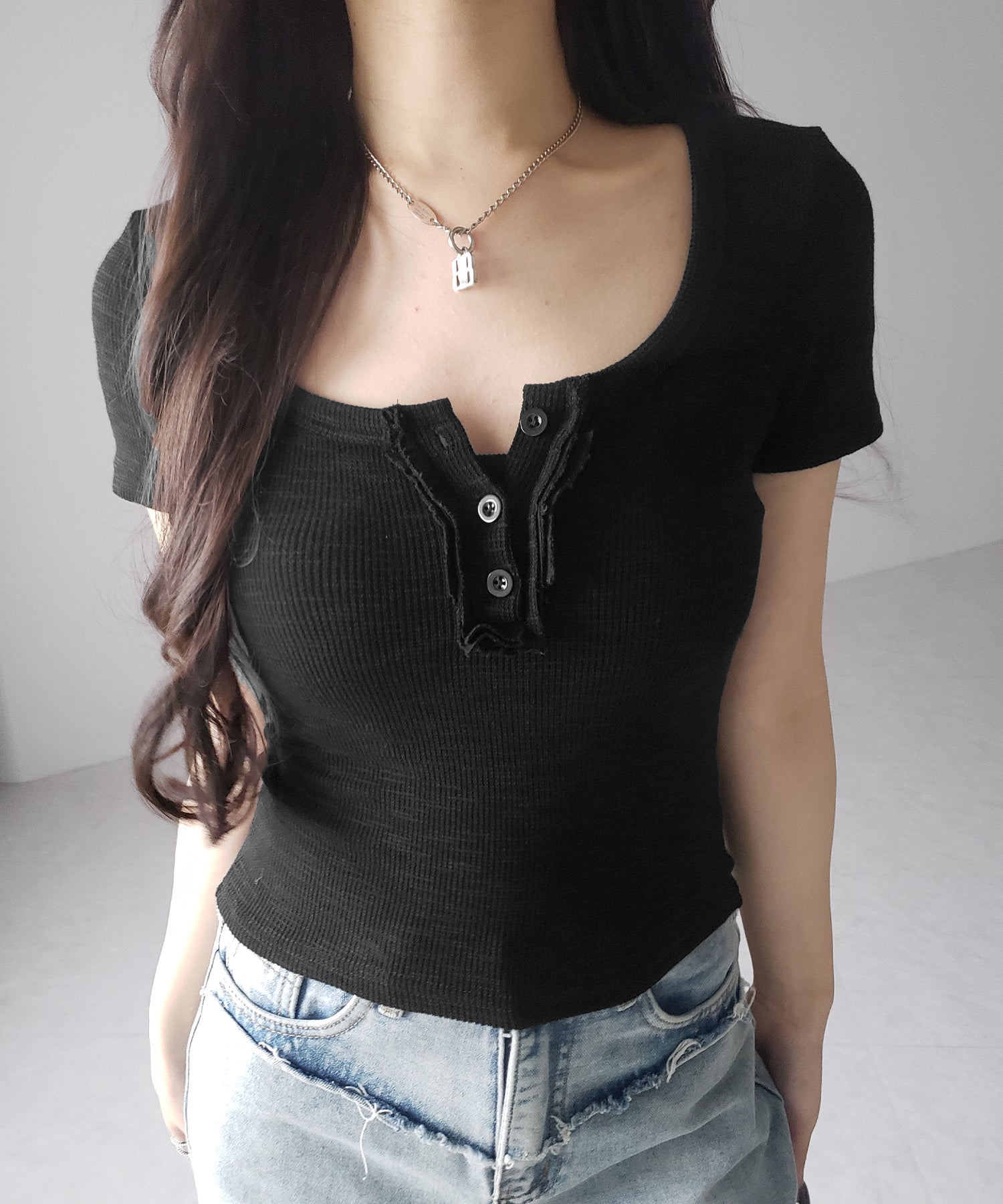 スクエアヘンリーネック半袖ピチTシャツ /square henley neck short sleeve pichi T-Shirt