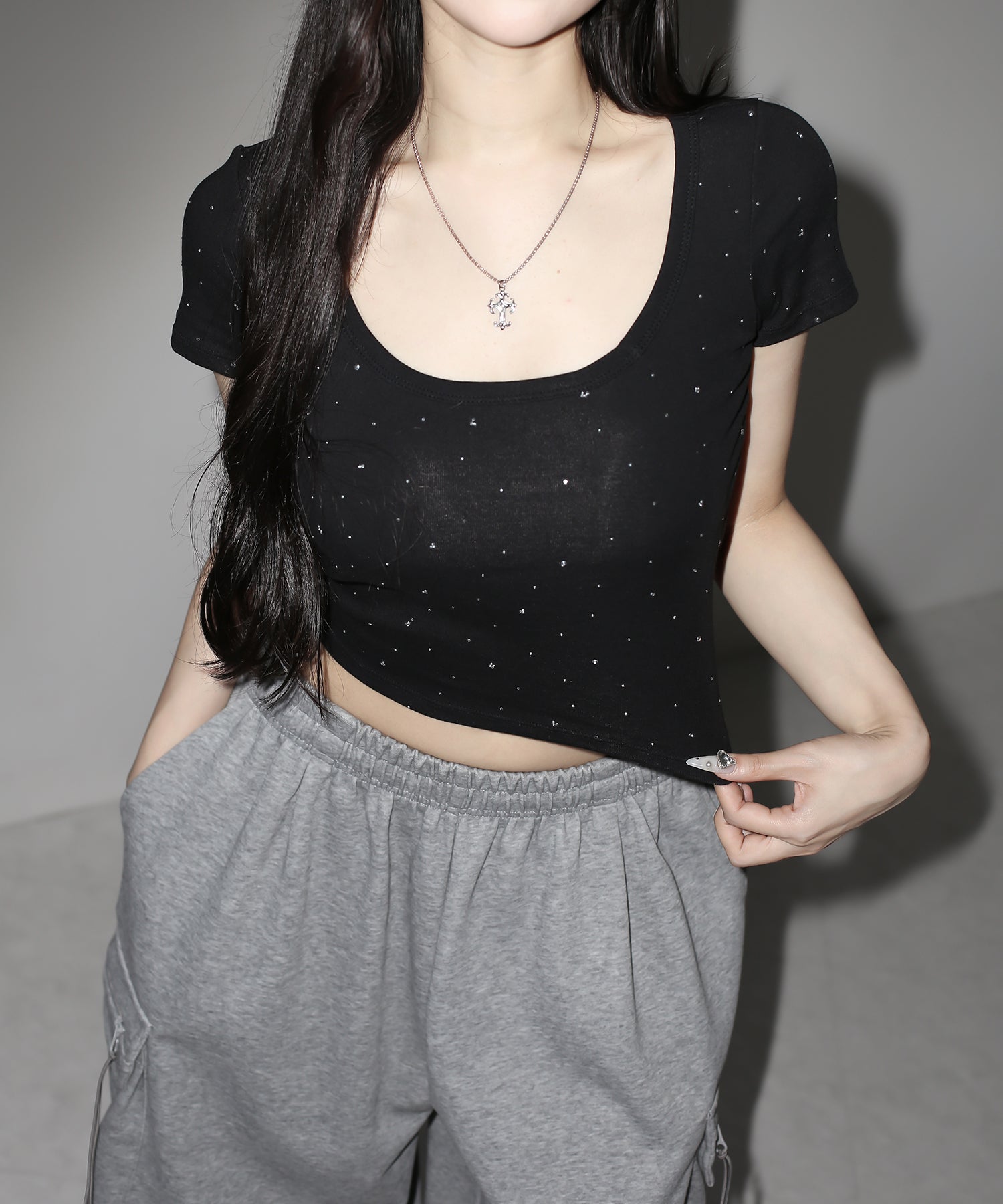 ラインストーンスクエアネックタイトTシャツ /Rhinestone square neck tight T-shirt
