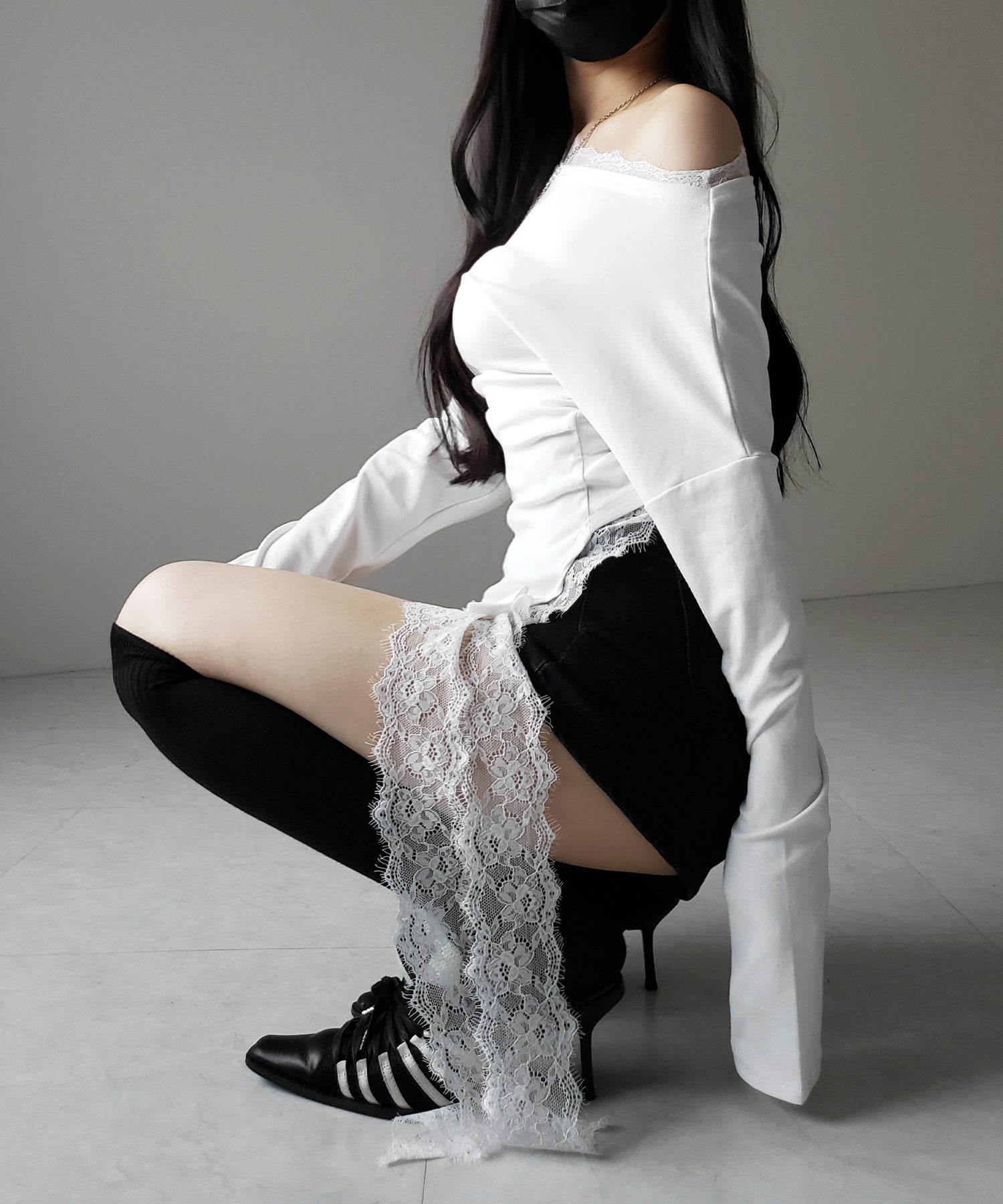 【 2color 】ワンショルダーレースドッキングアシンメトリートップス / one shoulder lace docking asymmetry tops