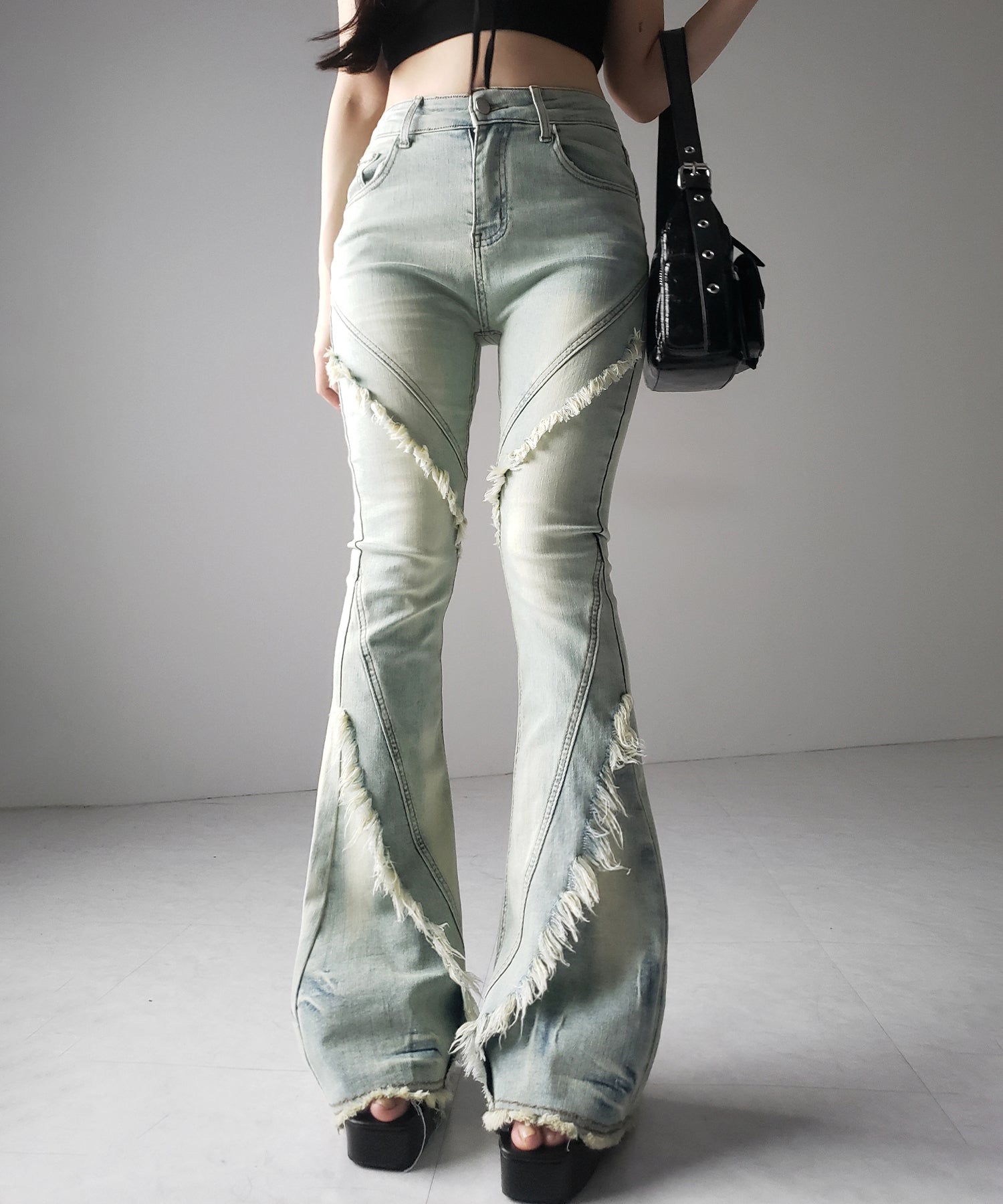 【 2color / 4size 】フリンジデザインヴィンテージライクストレッチフレアデニム / fringe design vintage-like stretch flare denim