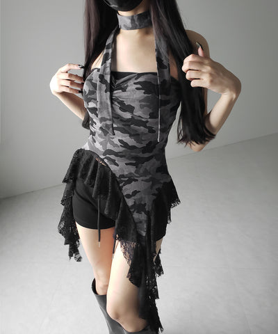 チョーカーロングタイ付き ヴィンテージカモフラレースフリルベアトップス / ( choker long tie SET ) vintage camouflage lace frill bare tops
