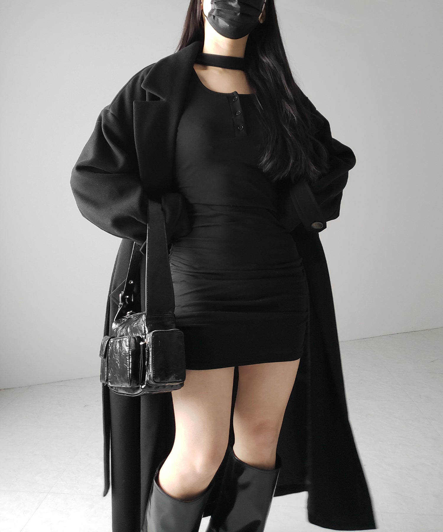 【 3color / 裏起毛 】チョーカーネックシャーリングミニワンピース / choker neck shirring mini onepiece