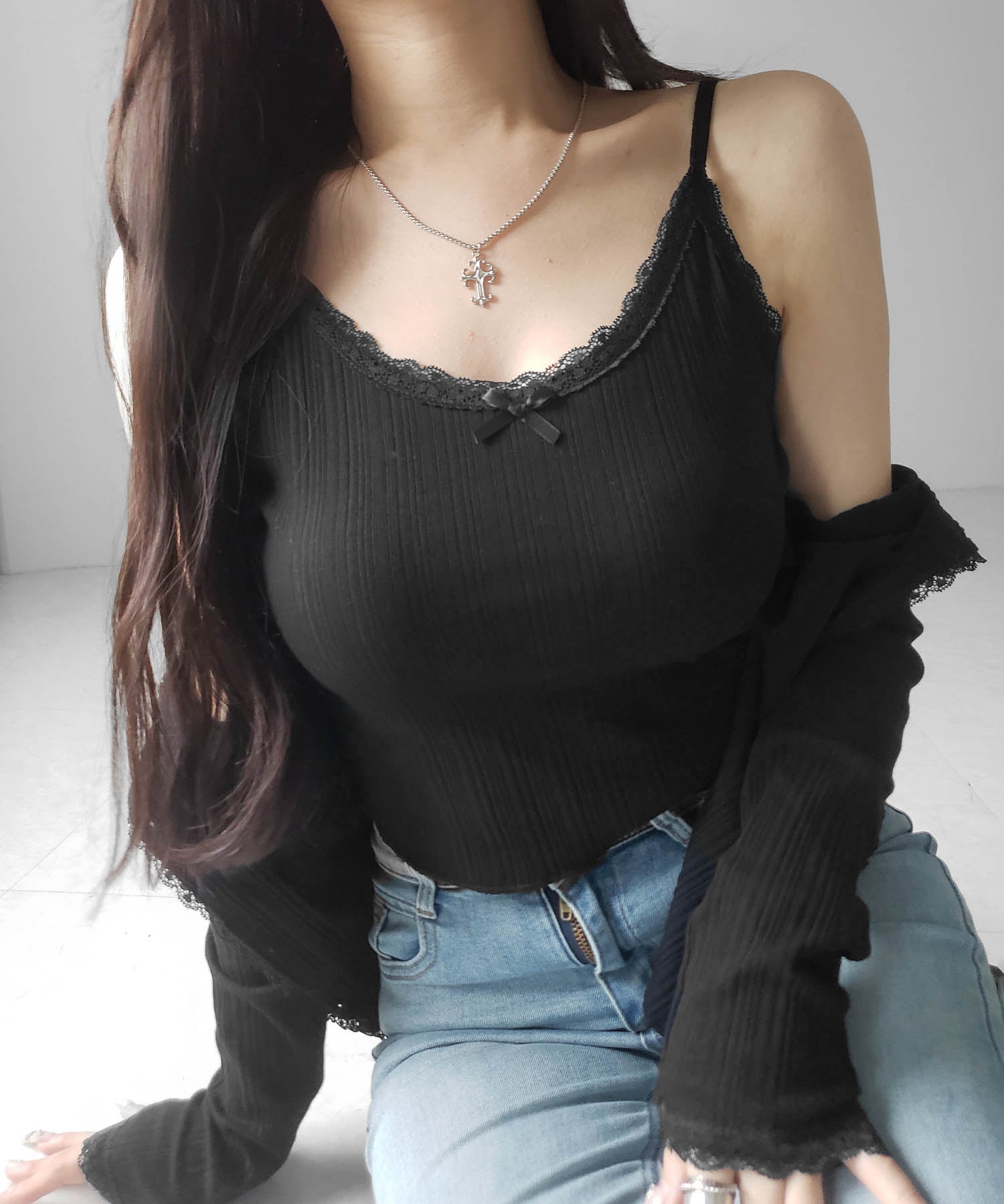 【 2点セット 】フロントリボンレース切替リブキャミソール + カーディガンセット /front ribbon lace lib camisole + cardigan SET