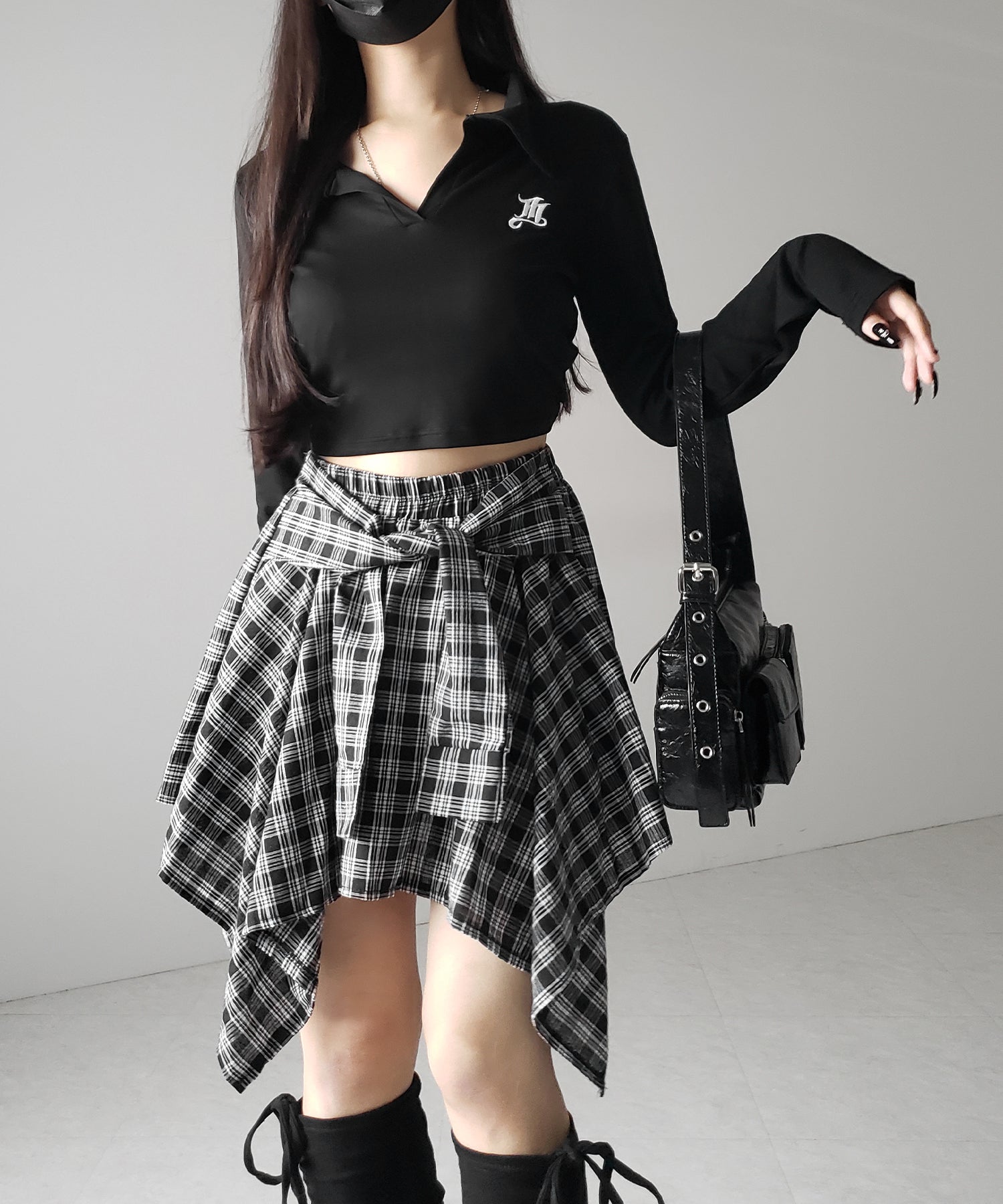 【 選べる2素材/インナーパンツ裏地付 】シャツレイヤードチェックミニスカート / shirt layered check mini skirt