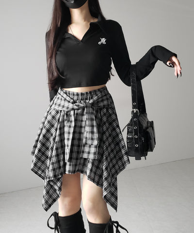 【 選べる2素材/インナーパンツ裏地付 】シャツレイヤードチェックミニスカート / shirt layered check mini skirt