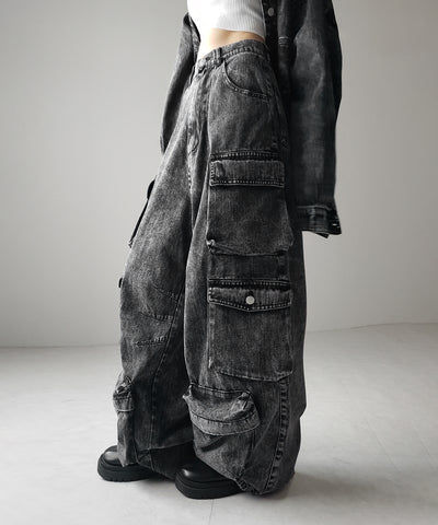 【 デニムセットアップ着用可能 】ヴィンテージケミカルブリーチヘビーワイドカーゴデニム / vintage chemical bleach heavy wide cargo denim