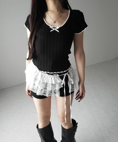 ミニリボンオープンネック半袖ニットトップス / mini ribbon open neck short sleeve knit tops