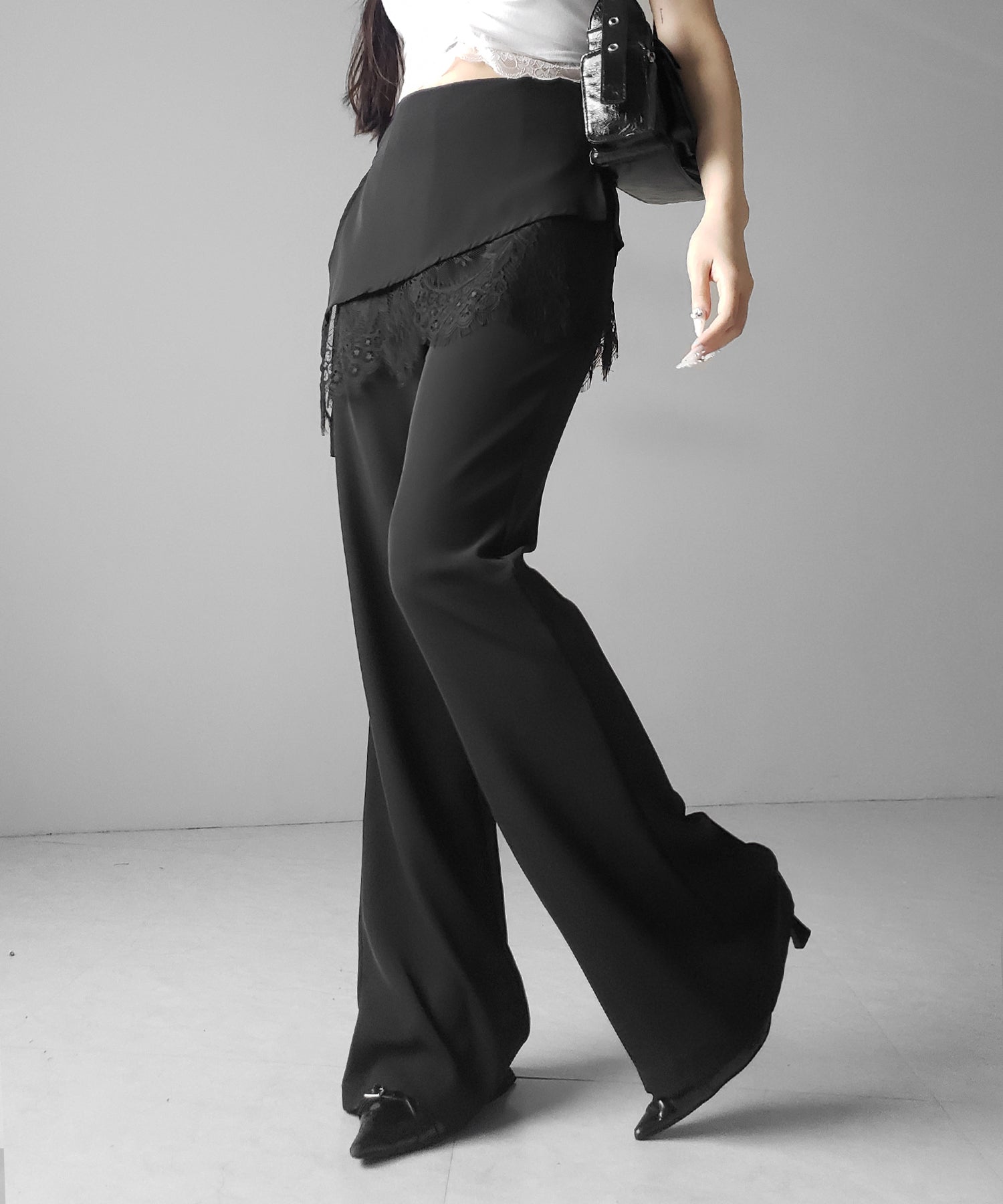 【3size 】レースレイヤードサイドリボンラップフレアスラックス / lace layered side ribbon wrap flare slacks