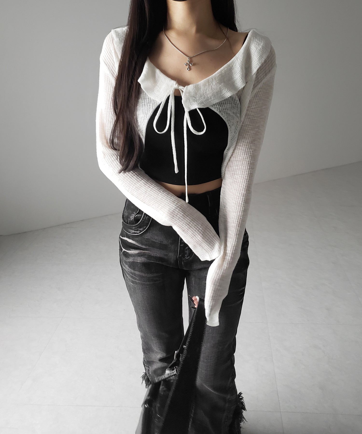 【 2color 】襟付きフロントリボンシアーニットショートカーディガン / collar front ribbon sheer knit short cardigan