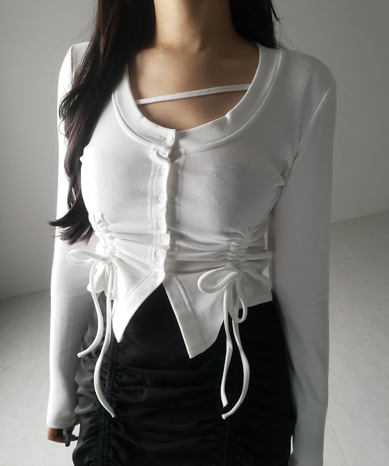 【 2color / 裏起毛 】ナナメストラップダブルシャーリングリボントップス / naname strap double shirring ribbon tops