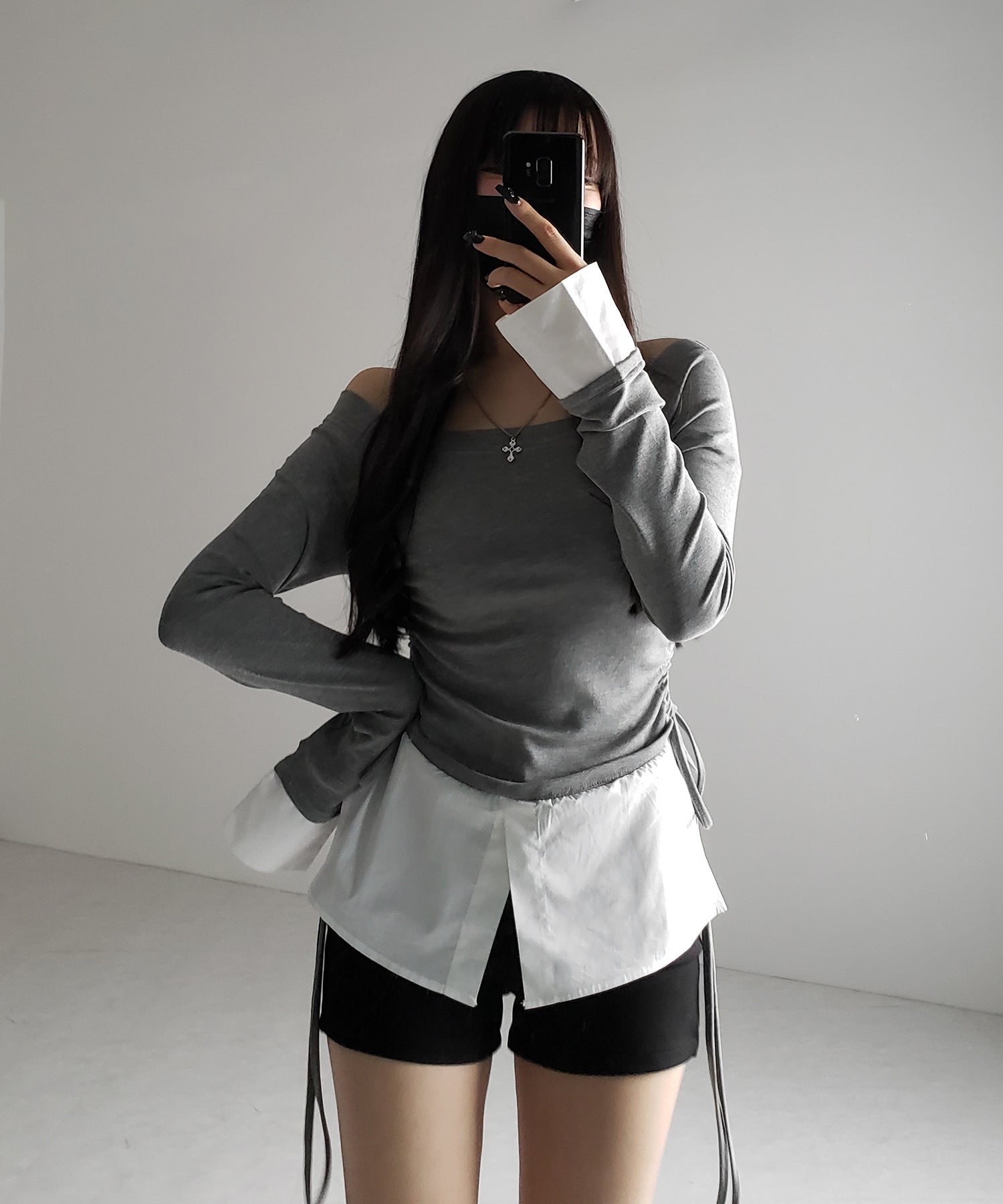 【 2WAY 】シャツドッキングサイドリボンワンショルトップス /shirt docking side ribbon oneshoulder tops