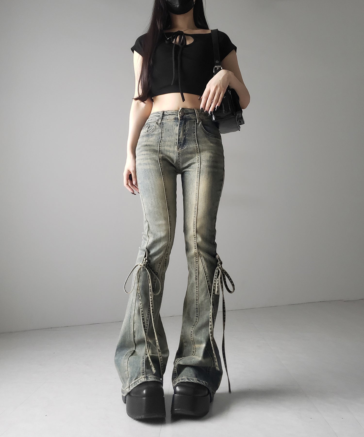 【 2color / 4size 】ストラップリボンヴィンテージストレッチフレアデニム / strap ribbon vintage stretch flare denim
