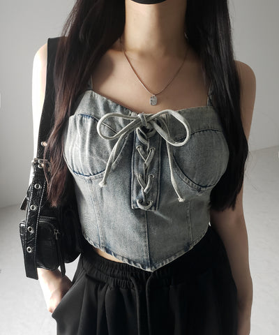 レースアップリボンコルセットデニムビスチェ / lace up ribbon corset denim bustier
