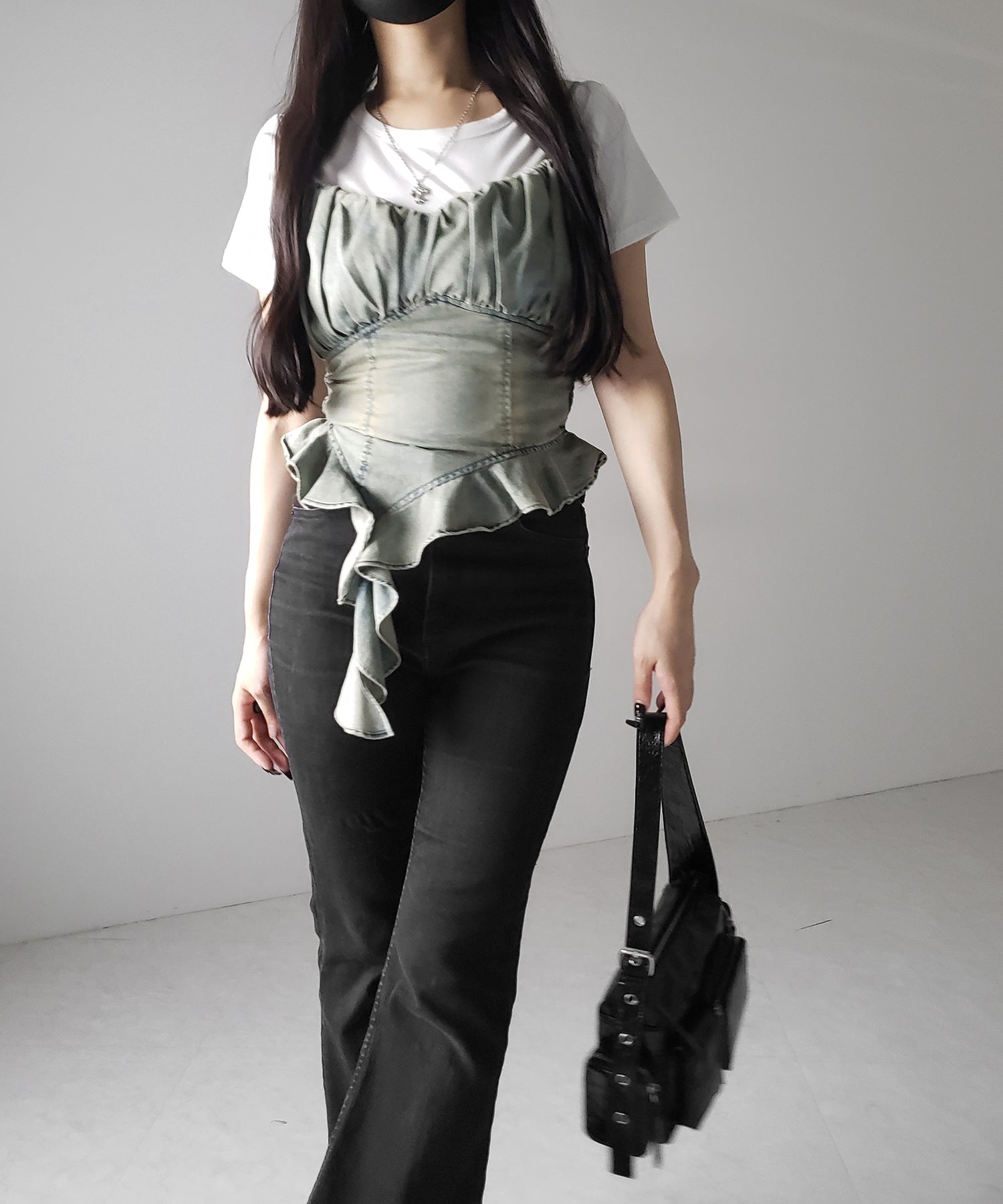 【 2点セット 】ヴィンテージデニムビスチェ & 半袖レイヤードTシャツセット / vintage denim bustier & short sleeve layered T-shirts set