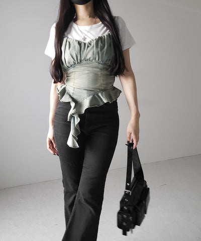 【 2点セット 】ヴィンテージデニムビスチェ & 半袖レイヤードTシャツセット / vintage denim bustier & short sleeve layered T-shirts set