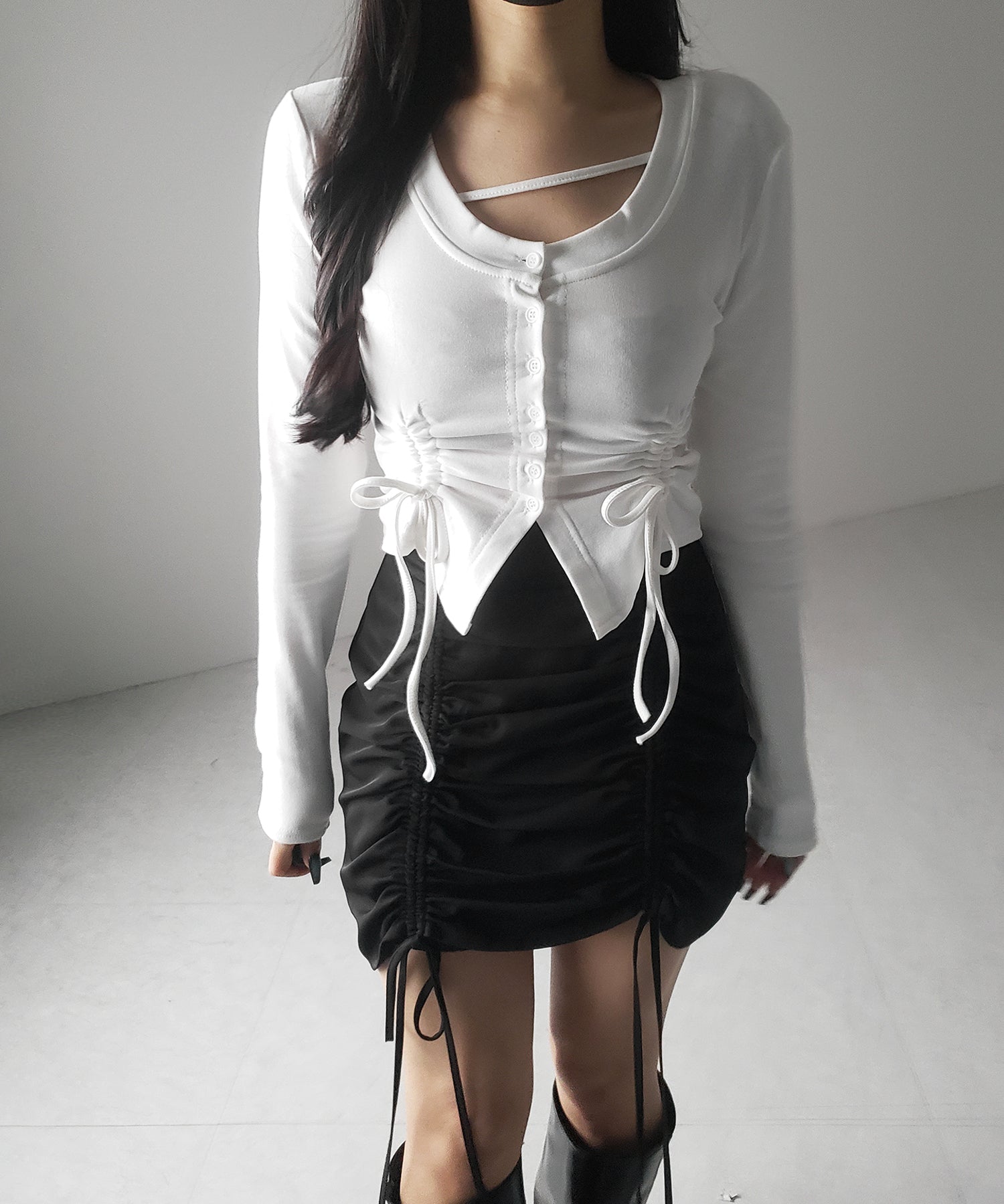 【 2color / 裏起毛 】ナナメストラップダブルシャーリングリボントップス / naname strap double shirring ribbon tops