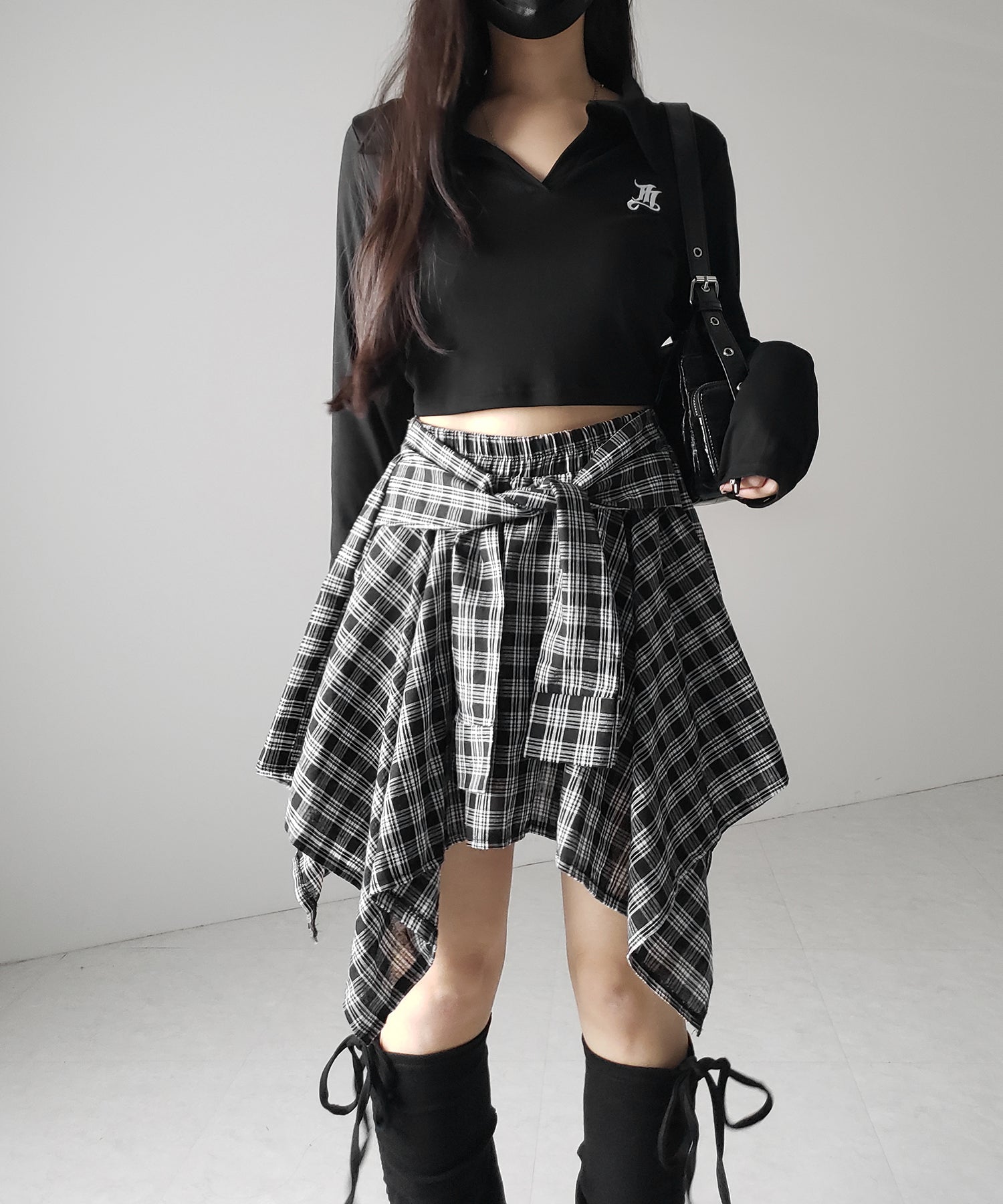 【 選べる2素材/インナーパンツ裏地付 】シャツレイヤードチェックミニスカート / shirt layered check mini skirt