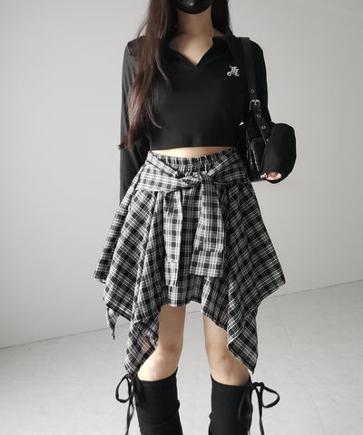 【 選べる2素材/インナーパンツ裏地付 】シャツレイヤードチェックミニスカート / shirt layered check mini skirt