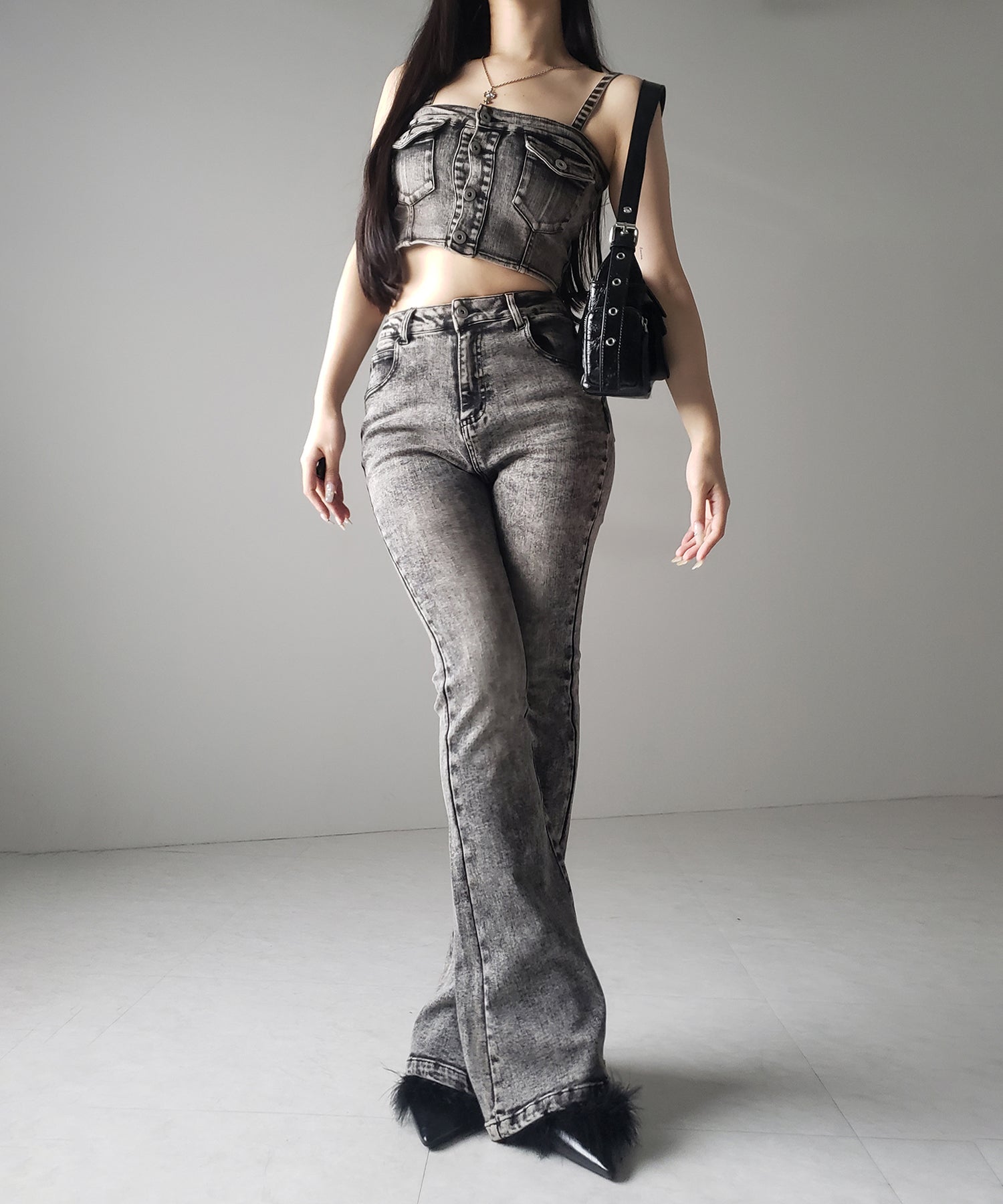 【 セットアップ 】ヴィンテージライクデニムビスチェ + ストレッチフレアデニム SET / 【 SET UP 】 vintage like denim bustier + stretch flare denim