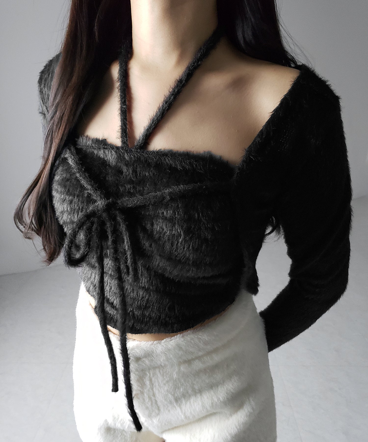 【 2点セット 】シャギーリボンベアトップス & ショートシャギーカーディガン SET / Shaggy ribbon bare tops & short shaggy cardigan
