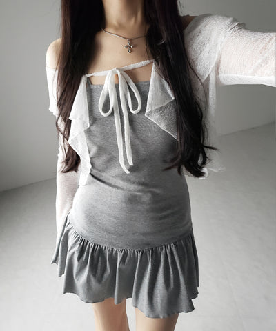 【 2点セット 】フレアキャミワンピ &シアーフリルリボンカーディガン ワンホンセットアップ / flare camisole onepiece & sheer frill ribbon cardigan wanghong SETUP