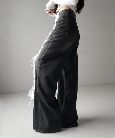 サテンリボンレースアップワイドデニムパンツ / satin ribbon lace up wide denim pants