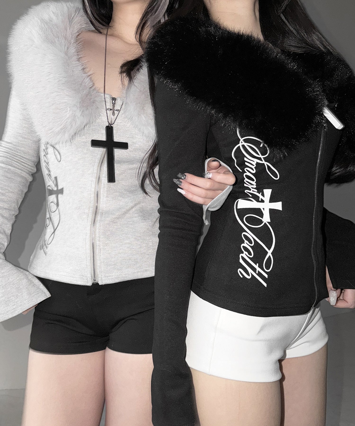 ファー襟クロスロゴジップアップリブカーディガン / fur collar cross logo zipup rib cardigan