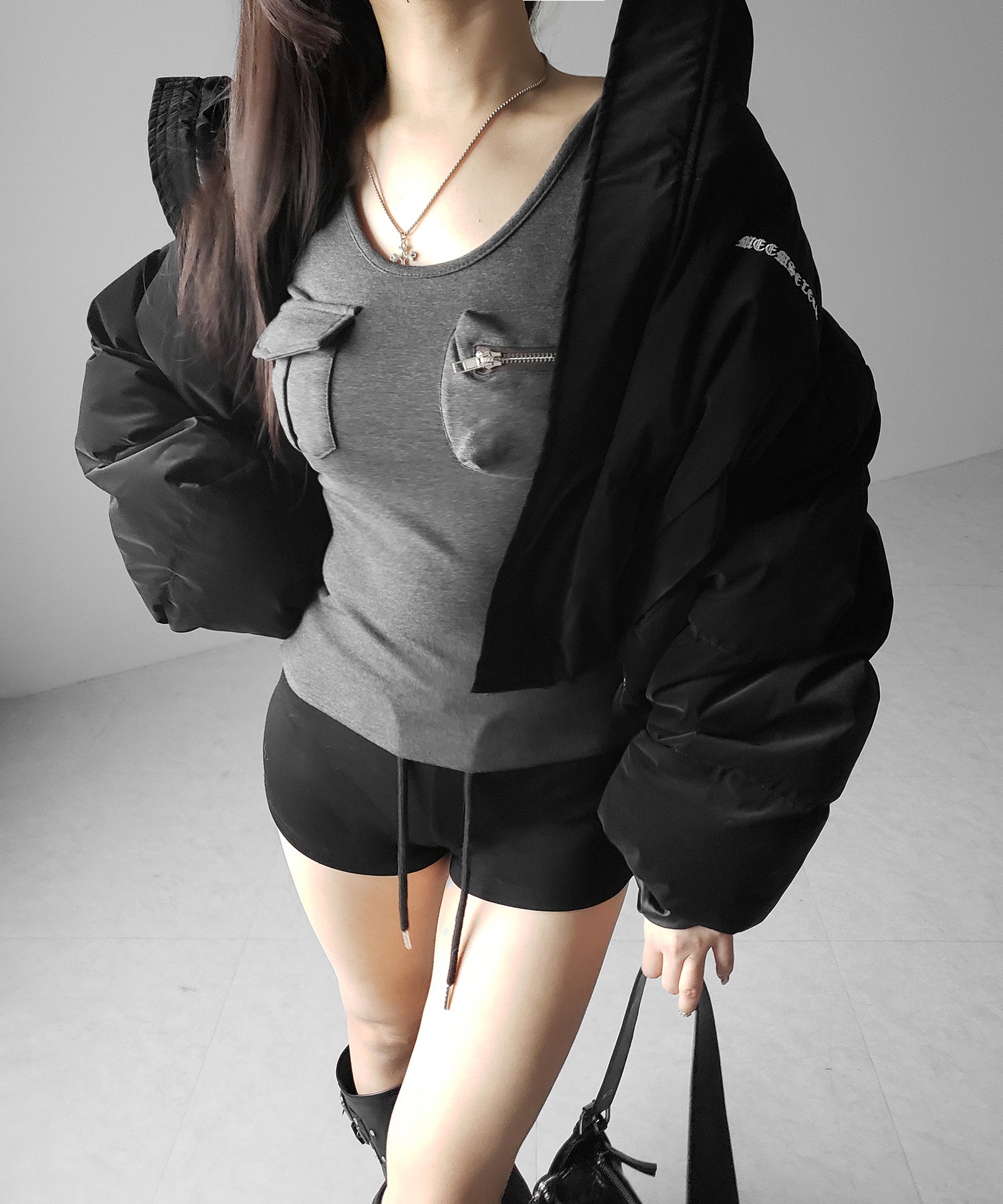 【 裏起毛 】アウトポケットオープンネックスリムトップス / out pocket open neck slim tops