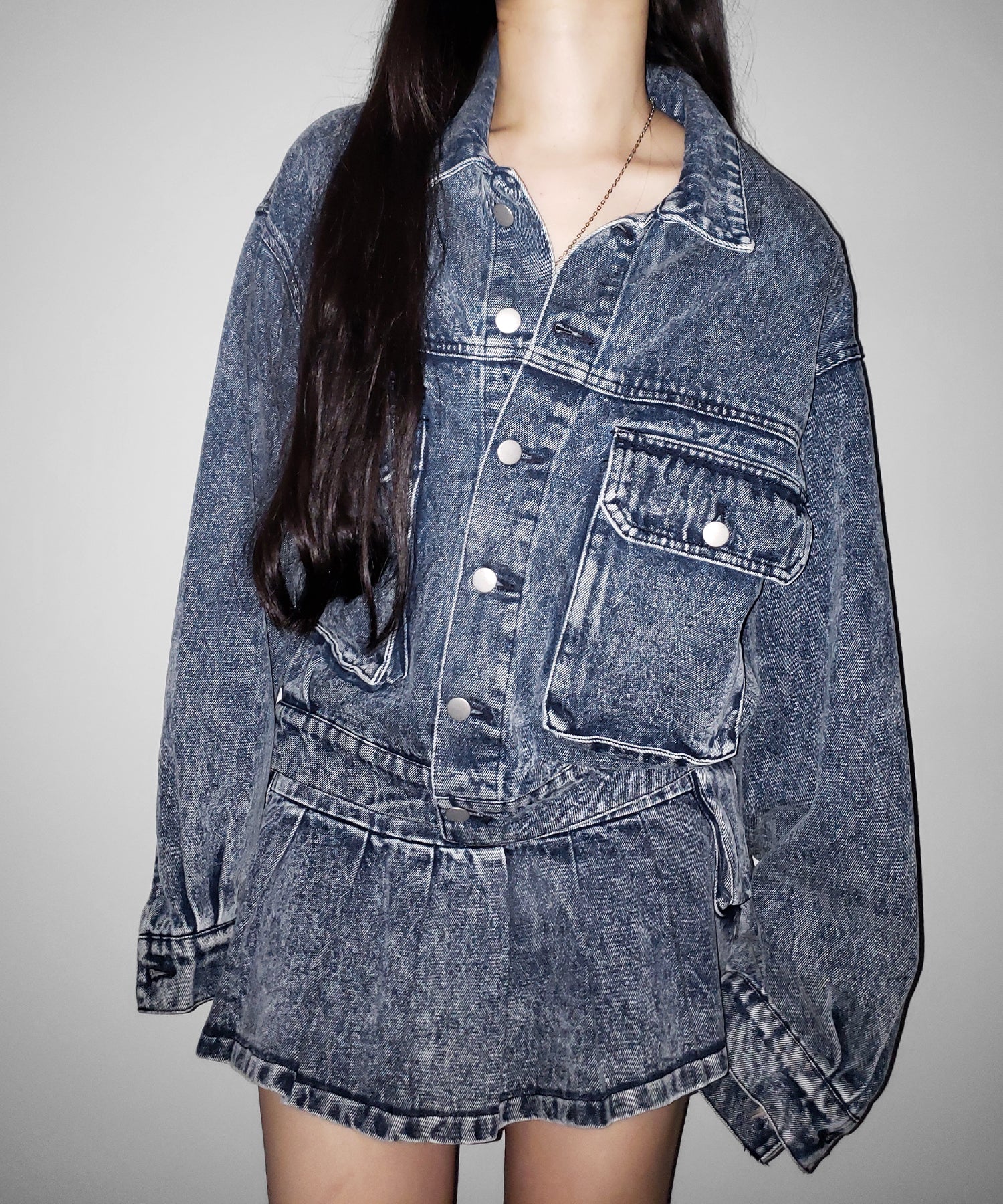 【 セットアップ着用可能 】ヴィンテージケミカルブリーチプリーツデニムミニスカート / vintage bleached pleated denim mini skirt