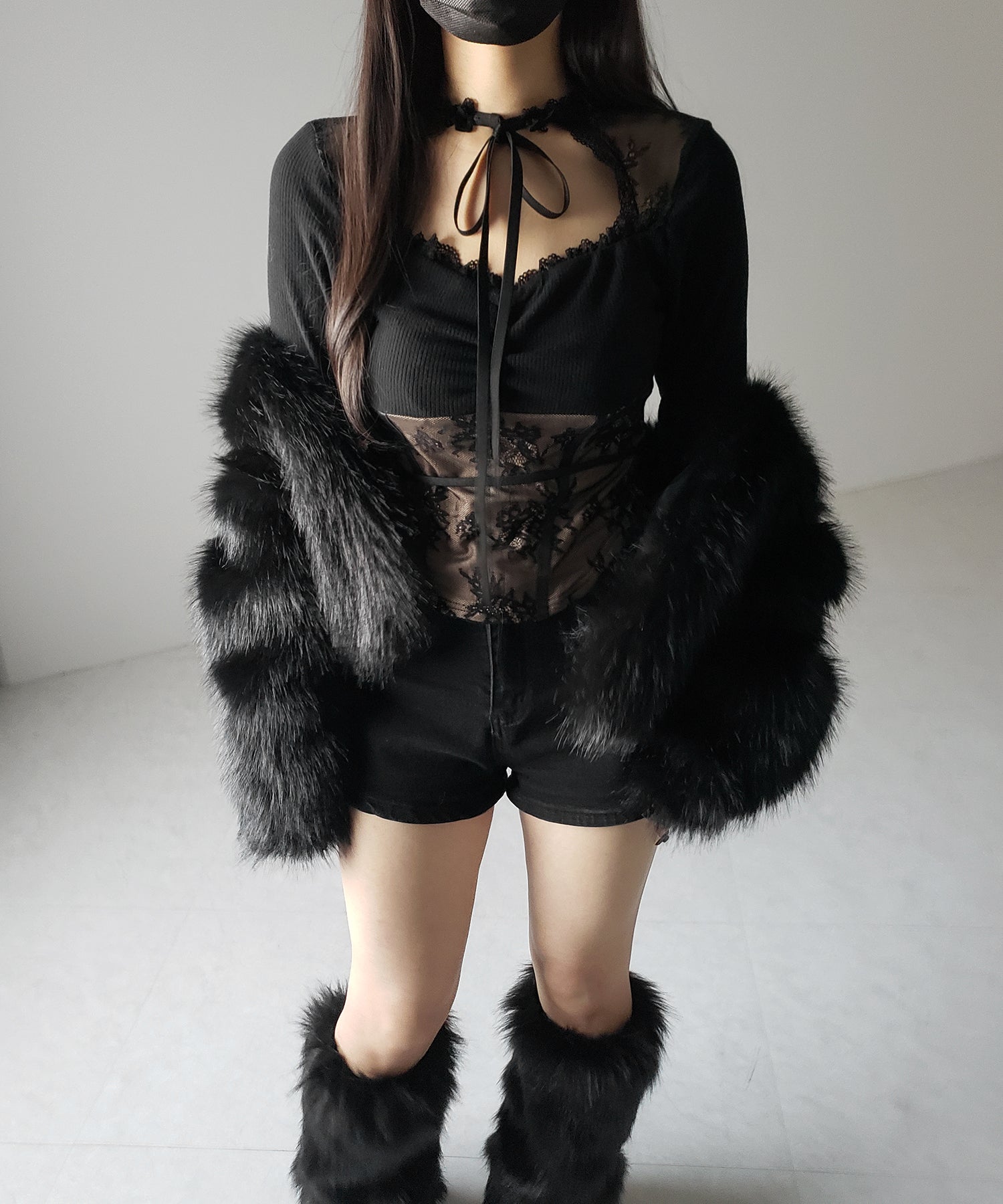 【 2color 】チョーカーネックリボンレーシーカットソートップス / choker neck ribbon lacy cutsaw tops