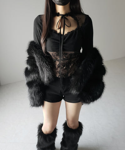 チョーカーネックリボンレーシーカットソートップス / choker neck ribbon lacy cutsaw tops