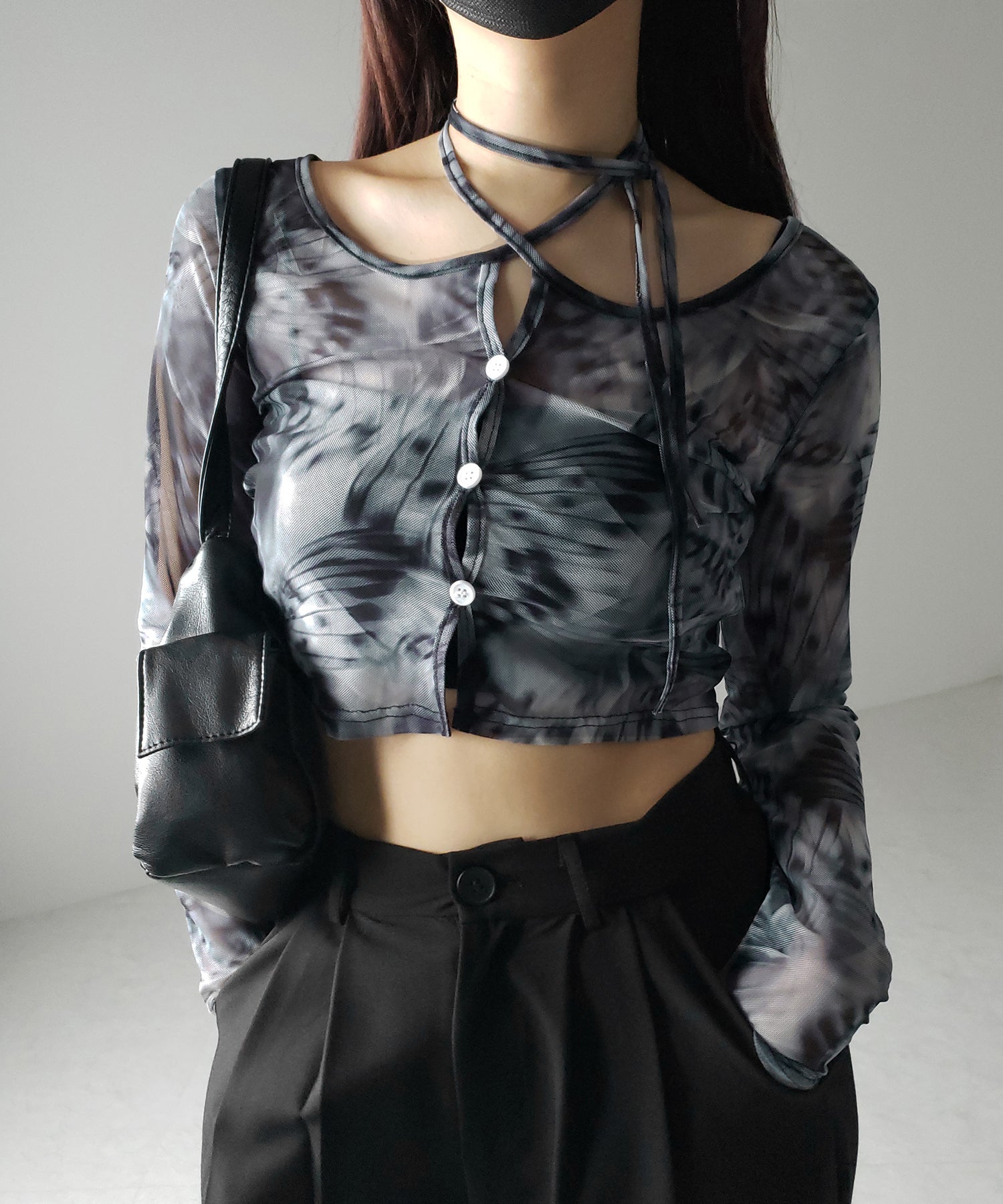 【 3color / 2WAY 】クロスストラップリボンシアーショートカーディガン / cross strap ribbon sheer short cardigan