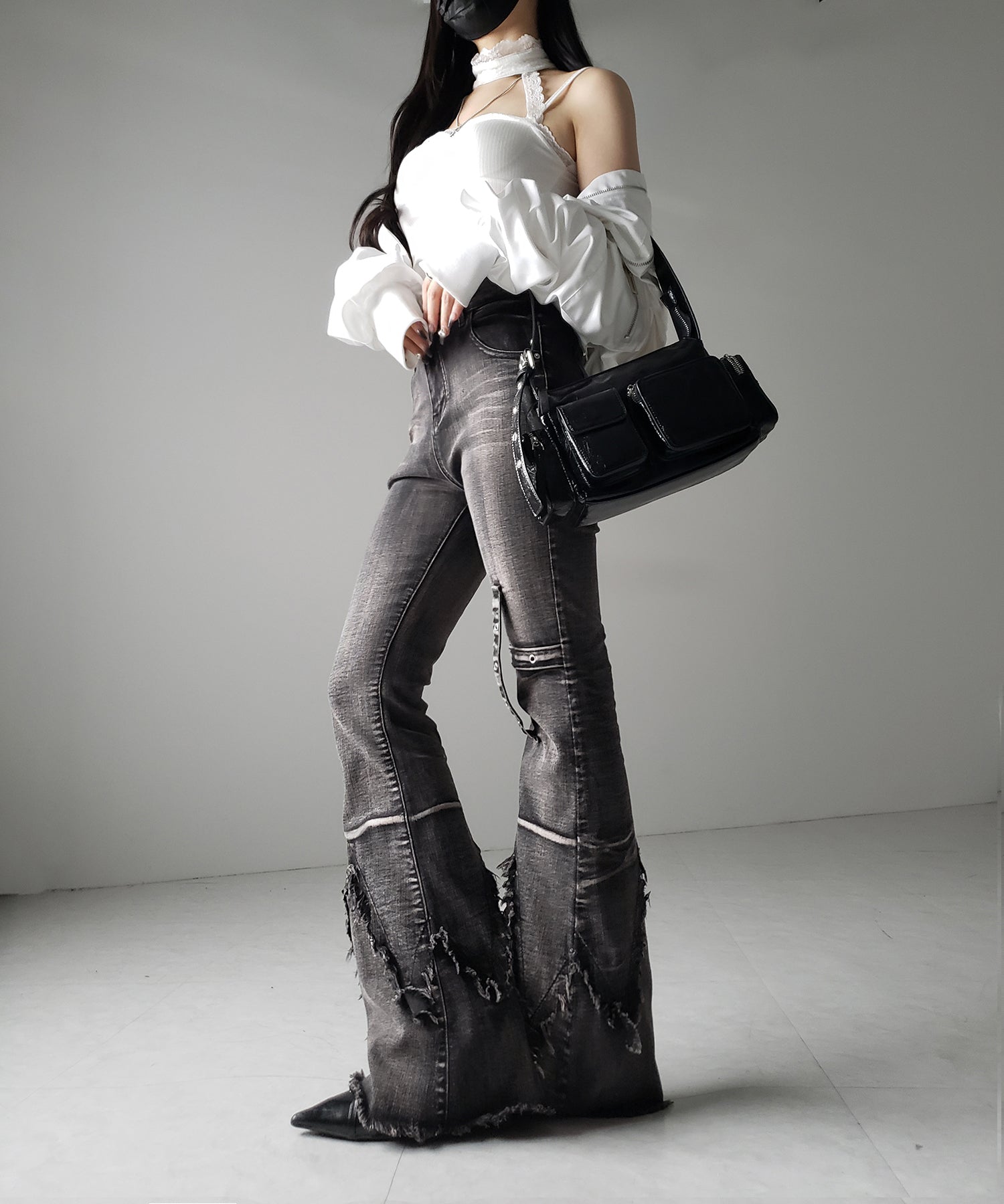 クロスデザインヴィンテージライクフリンジストレッチフレアデニム / cross design vintage-like fringe stretch flare denim