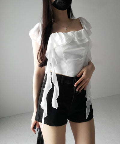 【 2WAY 】シアーフリルコルセットサテンショートブラウス / sheer frill corset satin short blouse