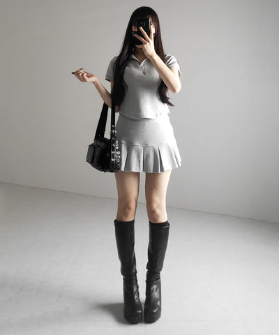 【 2点セット 】スキッパーネック半袖Tシャツ & プリーツミニスカート ワンホンセットアップ / skipper neck short sleeve T-shirt & pleated mini skirt wanghong setup