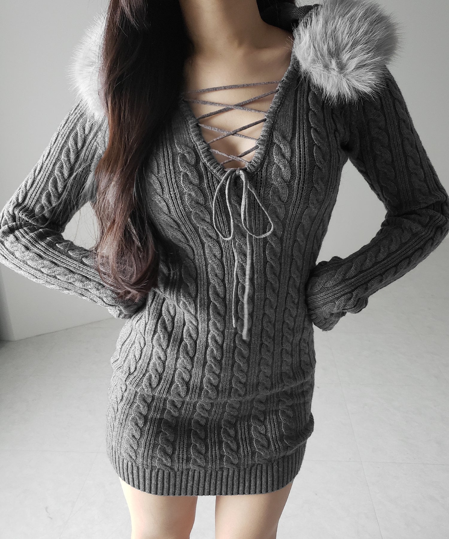 ファーフーディレースアップレディニットミニワンピース / fur hoodie lace up lady knit mini onepiece