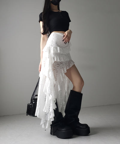 【 裏地付 】アシンメトリーフリルレーススリットロングスカート / asymmetry frill lace slit long skirt