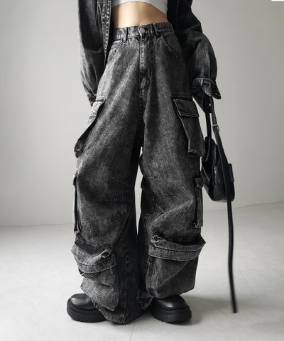 【 デニムセットアップ着用可能 】ヴィンテージケミカルブリーチヘビーワイドカーゴデニム / vintage chemical bleach heavy wide cargo denim